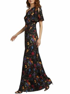 NWT SACHIN + BABI Black Floral Sleeveless One Shoulder Bow Dress Gown Size 6